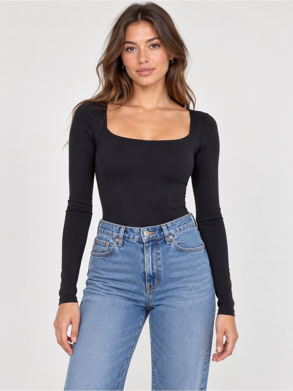 SKIMS Essential Long Sleeve Scoop Neck Bodysuit Onyx Black S/M